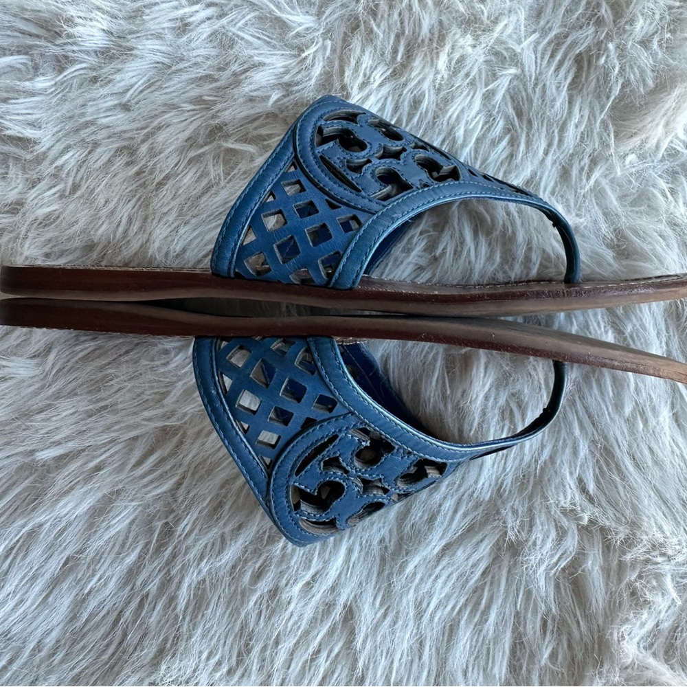 Tory Burch Blue mesh double T logo Sandals cut out flip flop - Picture 5 of 11